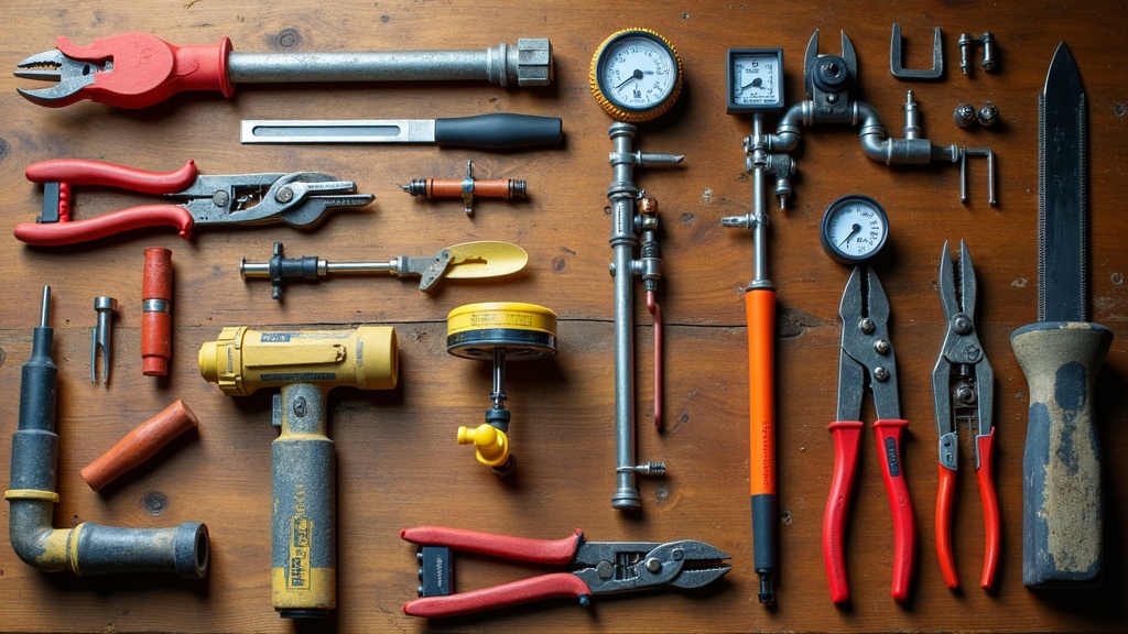 A Collection Of Speciality Trade Tools From Various Building Trades Laid Out On A Wooden Workbench