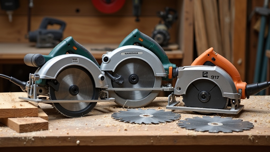 Circular Saw Features To Consider A selection of circular saws and blades arranged on a workbench, with wood boards and sawdust nearby.