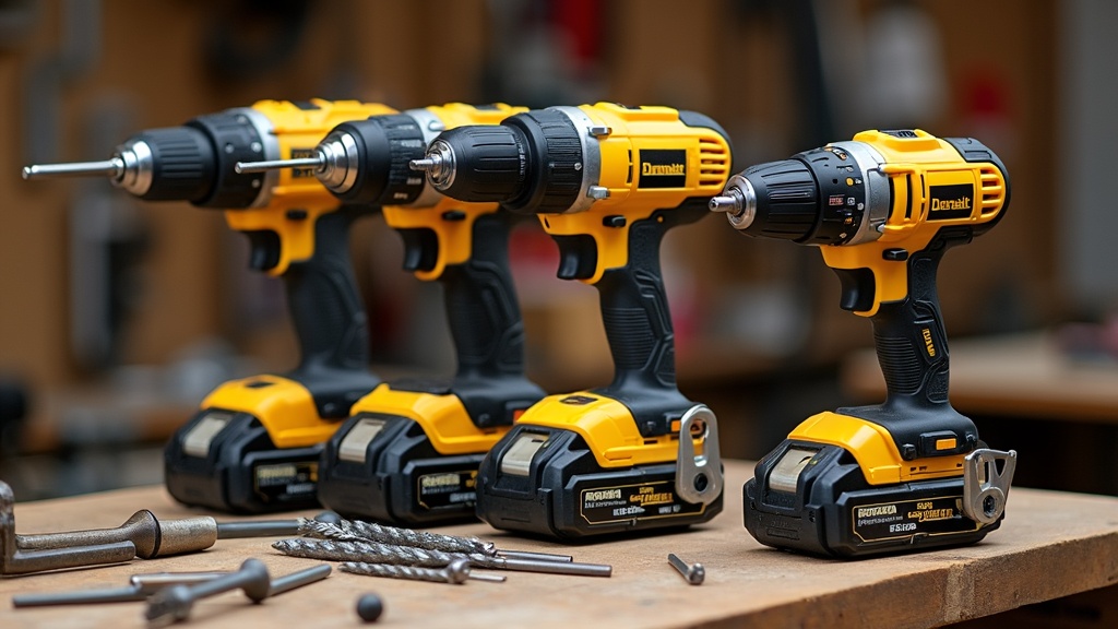 A Variety Of Cordless Drills Impact Drivers And Hammer Drills On A Workbench With Drill Bits And Accessories Nearby