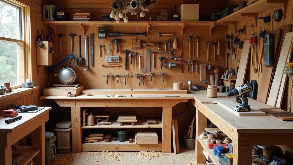 a well-organized woodworking workshop with a bench, hand tools, and power tools neatly arranged, surrounded by wood pieces and a project mid-assembly