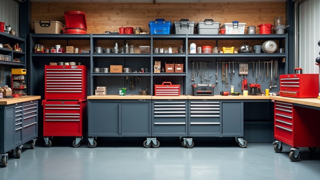 Tool Boxes And Storage assortment of tool boxes and storage solutions in a garage workshop
