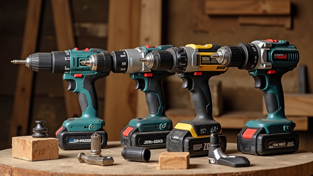 Various impact drills and accessories on a workbench with wood and masonry in the background
