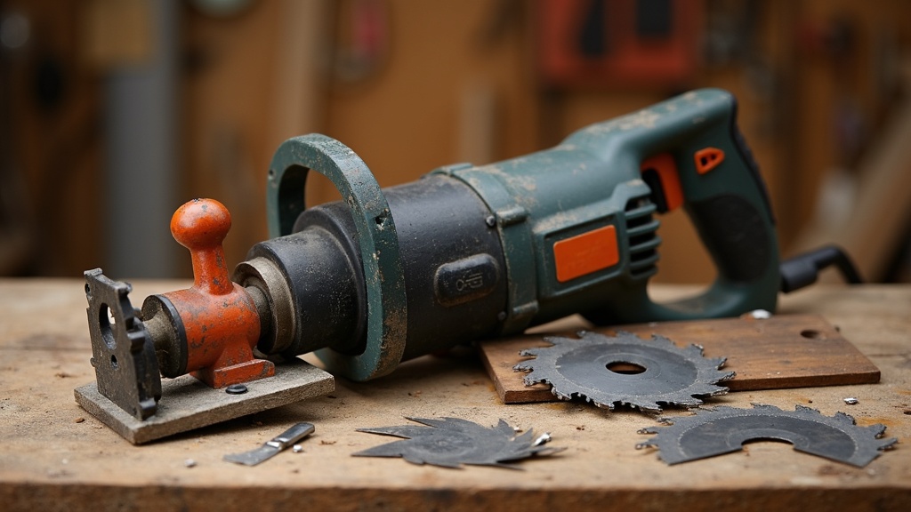 a powerful reciprocating saw tool resting on a wooden workbench among various saw blades and cut materials.jpg